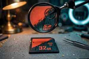 Illustration of a 32 GB SD card with an orange and dark teal label lying on a lab bench while a magnifying loupe on an arm enlarges its label, with tweezers and a desk lamp nearby