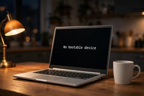Laptop screen reading "No bootable device"