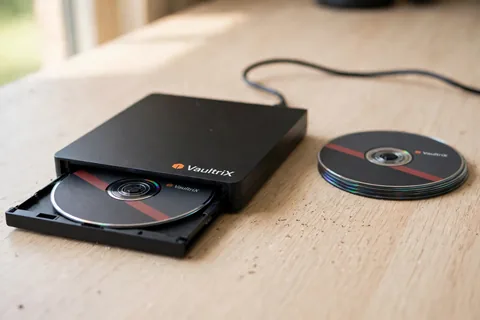 A slim external optical drive with its tray open holding a dark printed disc beside a short stack of discs