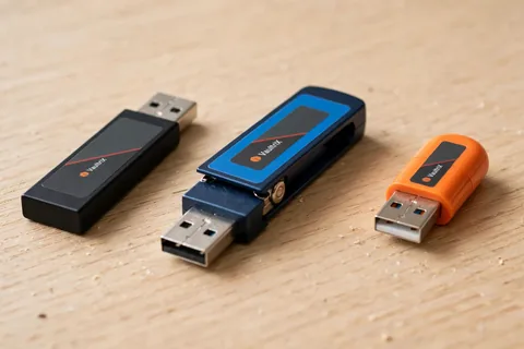 Three USB flash drives, a slim black, a blue swivel and an orange capsule, from the invented maker VaultriX on an oak desk