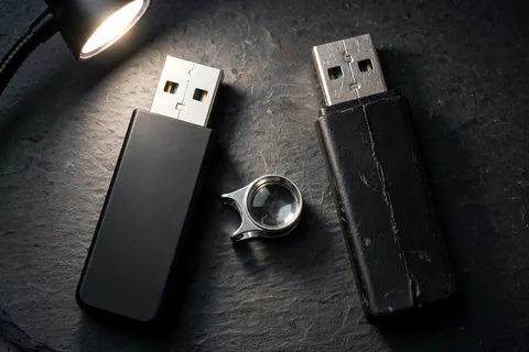 Two black USB flash drives side by side on slate, one new and one worn and cracked, with a small magnifier between them