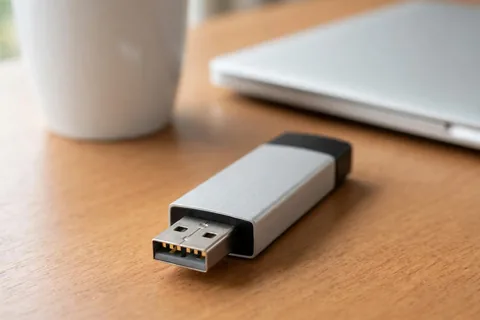 A black USB flash drive lying unplugged on a wooden desk beside a closed silver laptop and a white mug