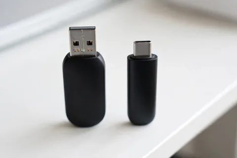 Two black flash drives standing side by side on a white desk, one with a wide rectangular USB-A plug and one with a small oval USB-C plug