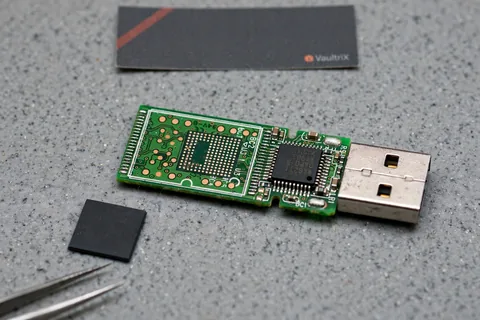 A green USB drive board with an empty memory-chip footprint beside the flat black chip that was lifted off it