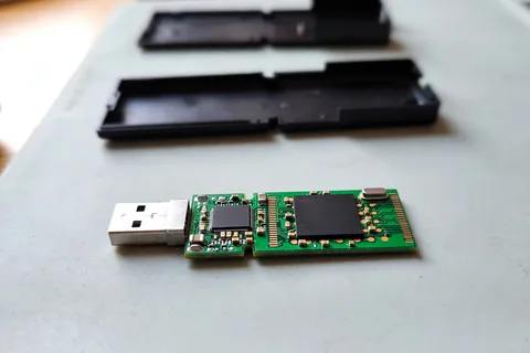 The circuit board of a USB flash drive beside its empty black plastic case showing a controller chip and a NAND memory chip