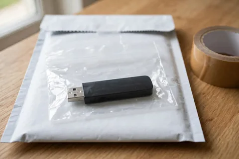 A USB flash drive inside a clear anti-static bag on a white padded envelope with a roll of tape beside it
