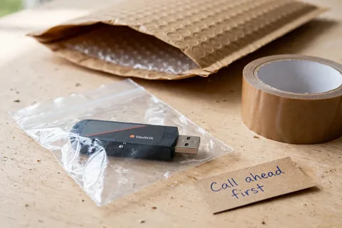 A USB flash drive in a clear bag on a padded mailer beside a roll of packing tape and a tag reading Call ahead first