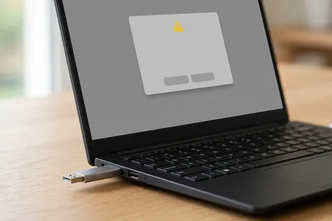 A USB flash drive plugged into a laptop that shows a plain warning dialog with no readable text