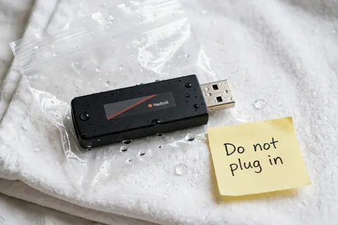 A wet USB flash drive in a sealed clear bag on a towel next to a note reading Do not plug in