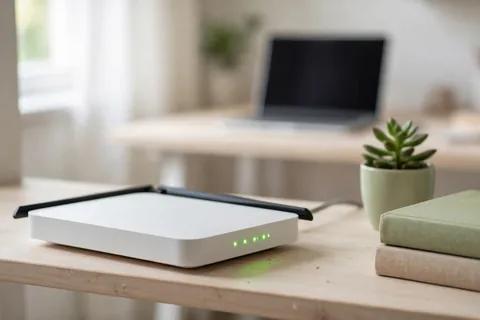 A matte white home Wi-Fi router with two folded antennas and green status lights on a pale wooden shelf beside a small plant