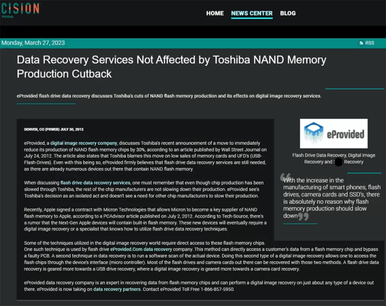 Reuters: eProvided data recovery services not affected by Toshiba NAND memory cutback