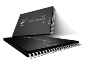 Two black TSOP NAND flash memory chips with gull-wing pins, shown from above and below