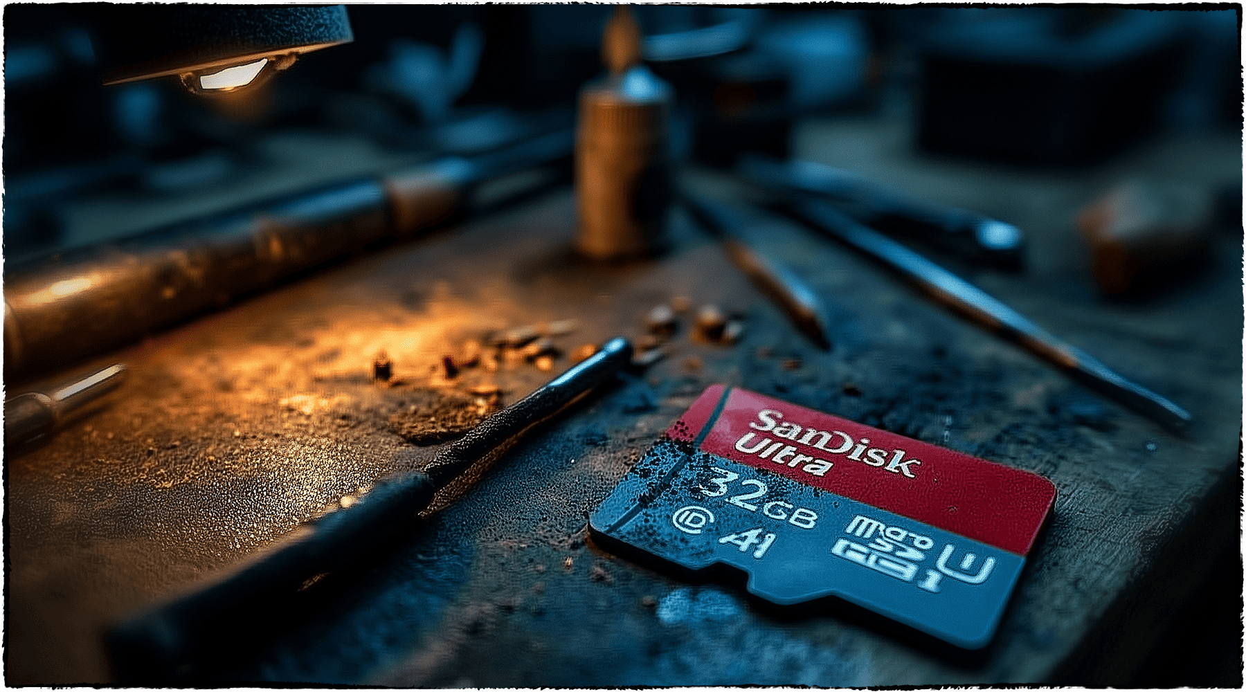 SD card data recovery lab workbench with card reading equipment