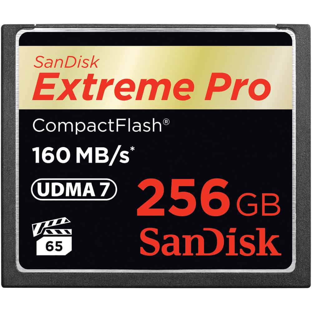 Damaged SanDisk 256GB CompactFlash card with visible physical damage
