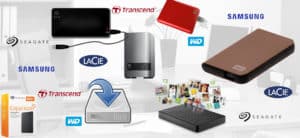 A collage of different external hard drives, a network-attached storage device and cloud backup icons, representing the mix of media the 3-2-1 backup rule recommends