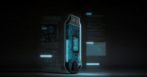 Digital illustration of a USB flash drive with its internal circuitry highlighted, representing the firmware that reports a drive's capacity to a computer