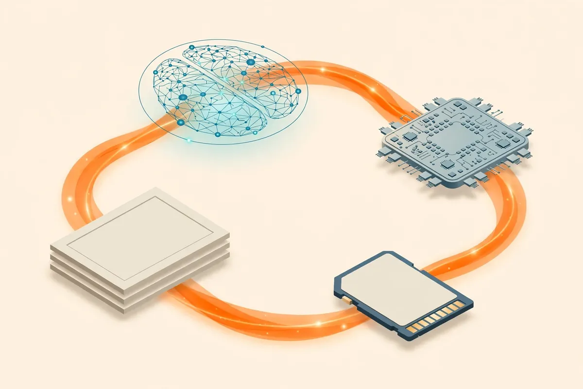 AI illustration of a looping flow linking a memory card, a chip, an AI node and a stack of photo frames