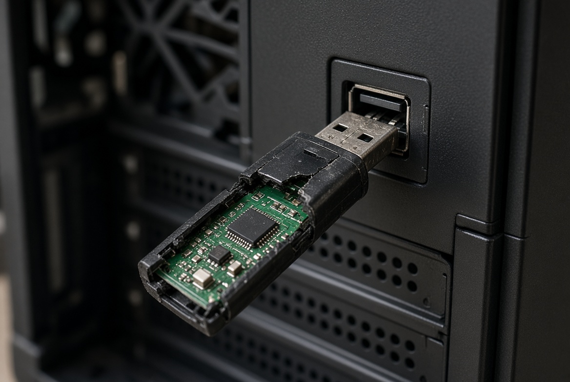 Broken USB flash drive with a cracked case still plugged into a computer port