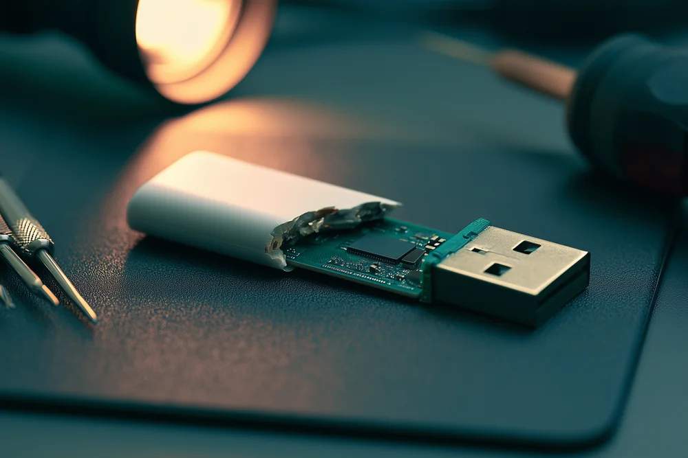 A physically broken USB flash drive with its plastic casing cracked open, exposing the green circuit board and NAND memory chip inside, on a data recovery lab workbench
