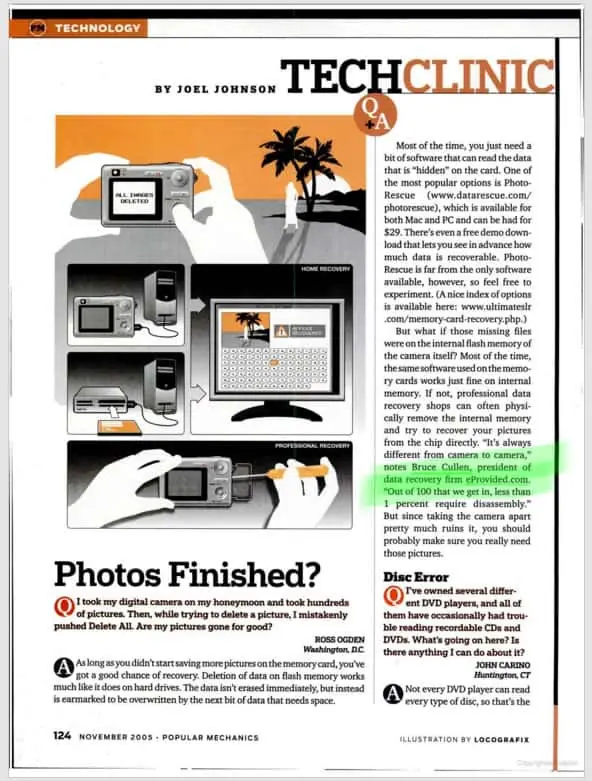 November 2005 Popular Mechanics Tech Clinic page quoting Bruce Cullen, president of data recovery firm eProvided.com