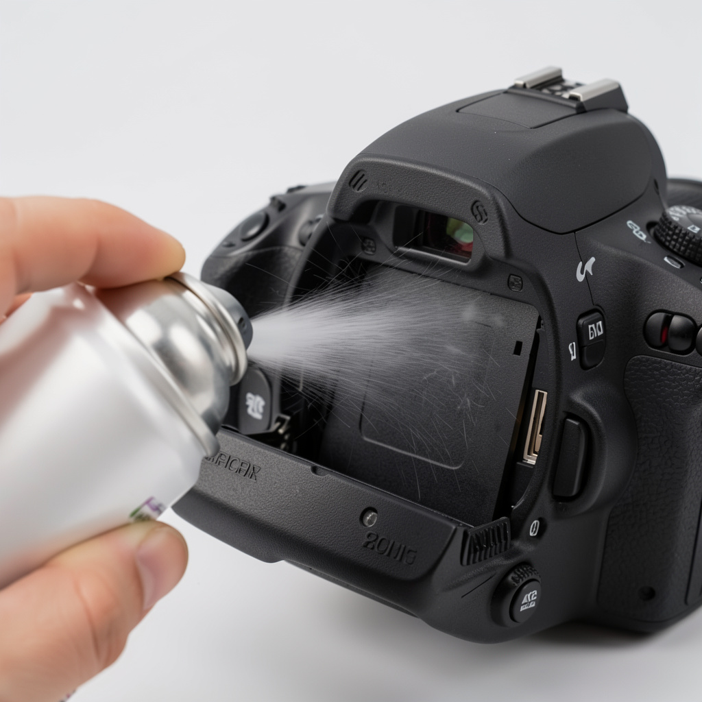 Canned air being sprayed directly into a DSLR camera's open SD card slot