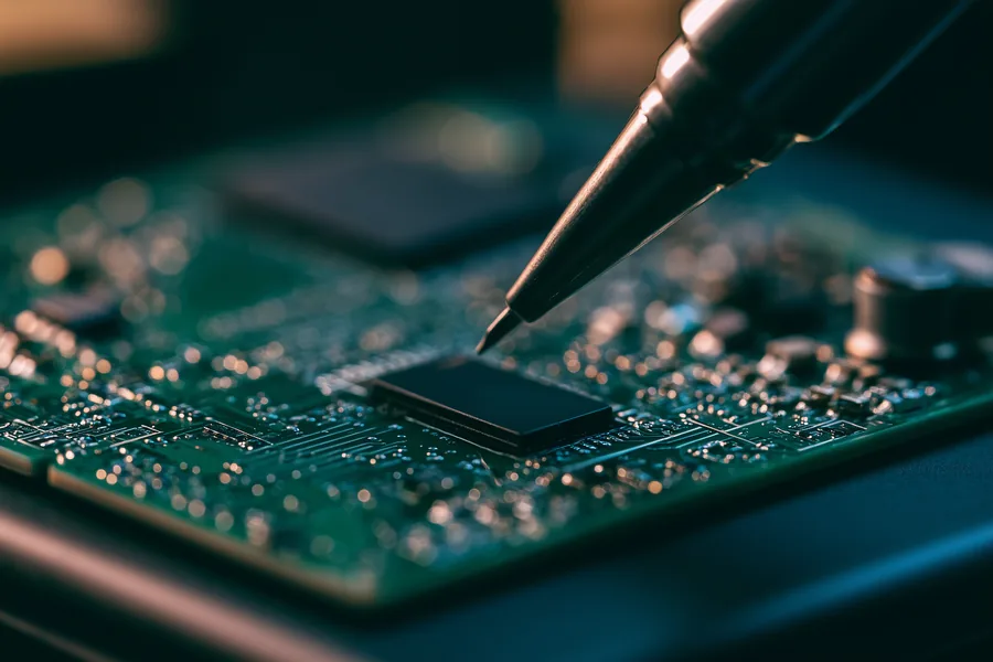 Close-up of a NAND controller chip during a chip-off recovery procedure