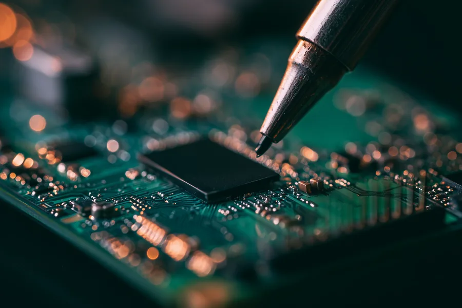A desoldering tool tip positioned over a NAND controller chip on a green circuit board, illustrating the chip-off technique used to recover data directly from the memory chip