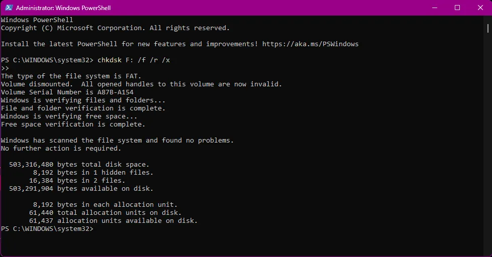 Windows command prompt scanning SD card for errors showing file system verification for data recovery