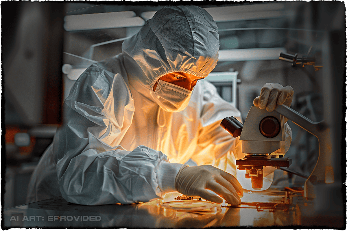 Professional data recovery engineer in cleanroom lab examining open hard drive under microscope