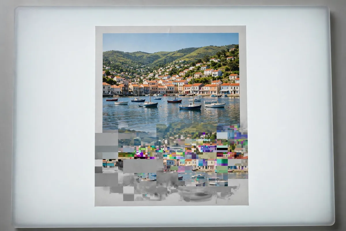 AI illustration of a harbour-town travel photo whose lower third has broken into gray, smeared blocks