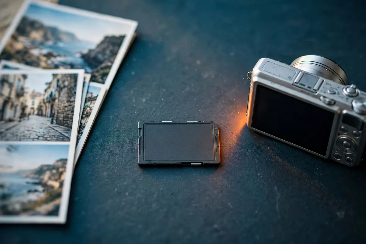 AI illustration of a worn SD card beside a compact camera on a lab mat, with travel snapshots fanned out behind them