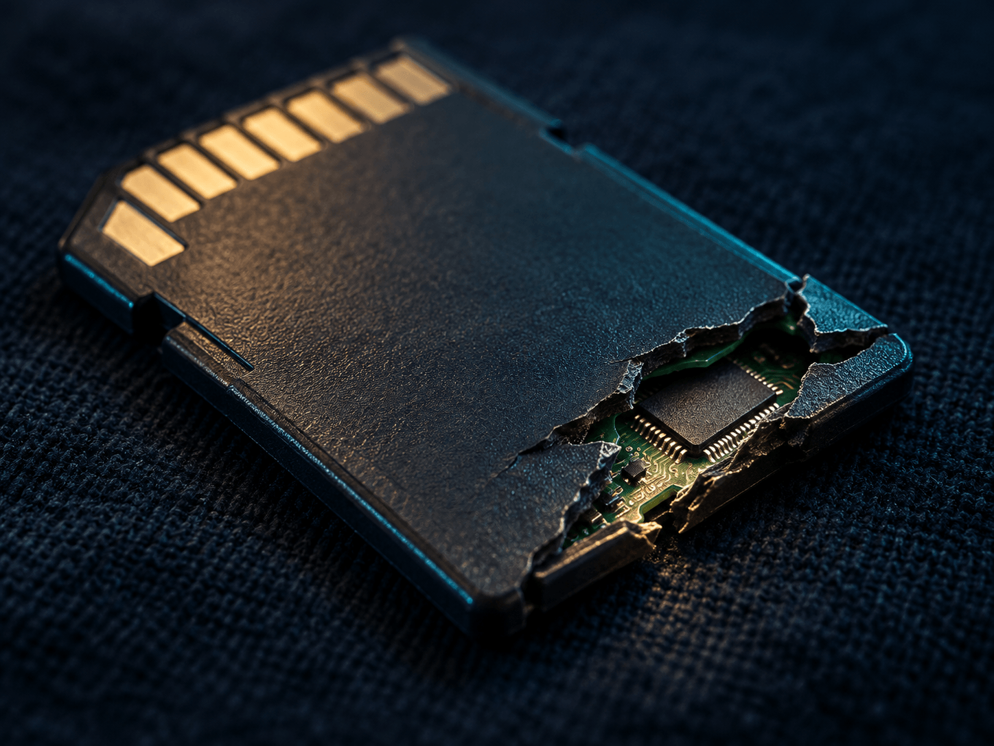 Cracked SD card shell with the internal NAND memory chip exposed