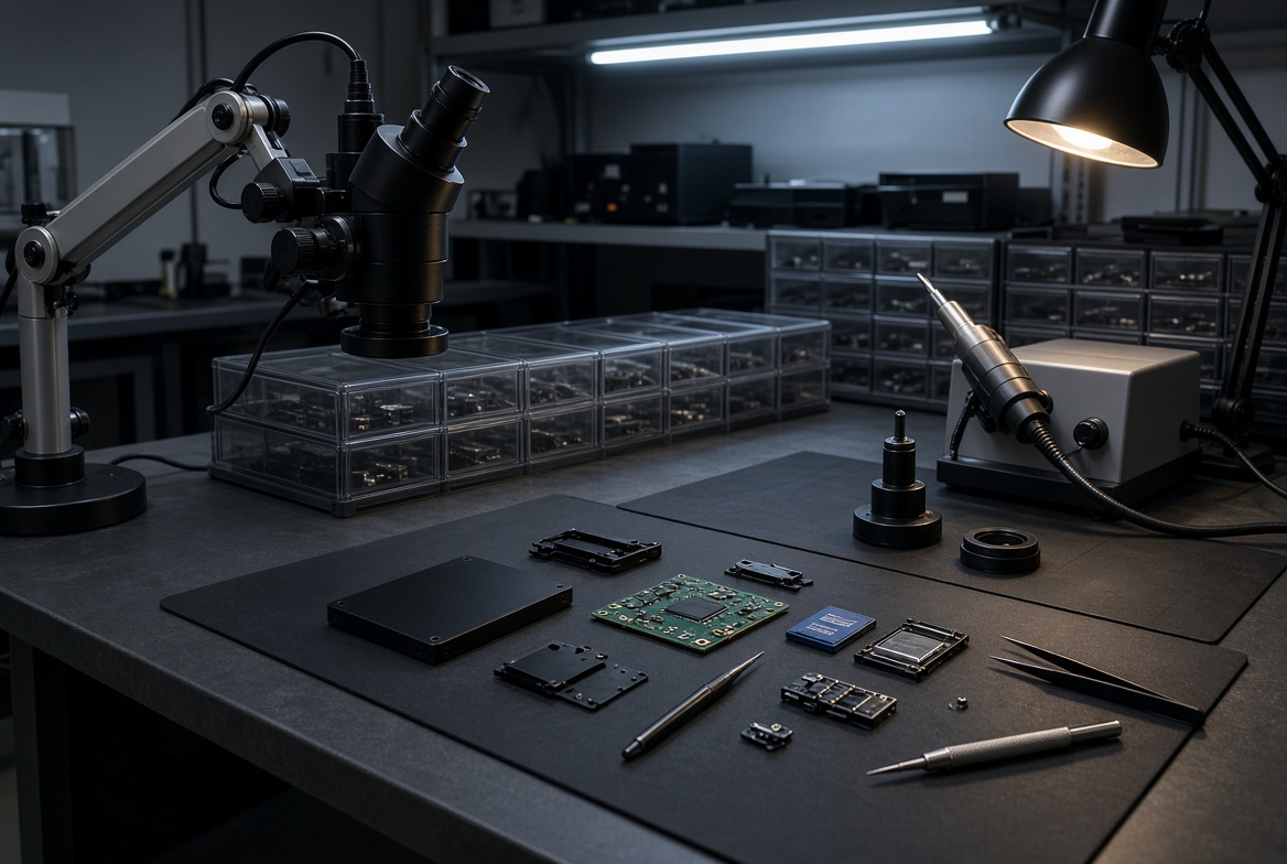 Data recovery lab workbench with tools and equipment used across every storage device class