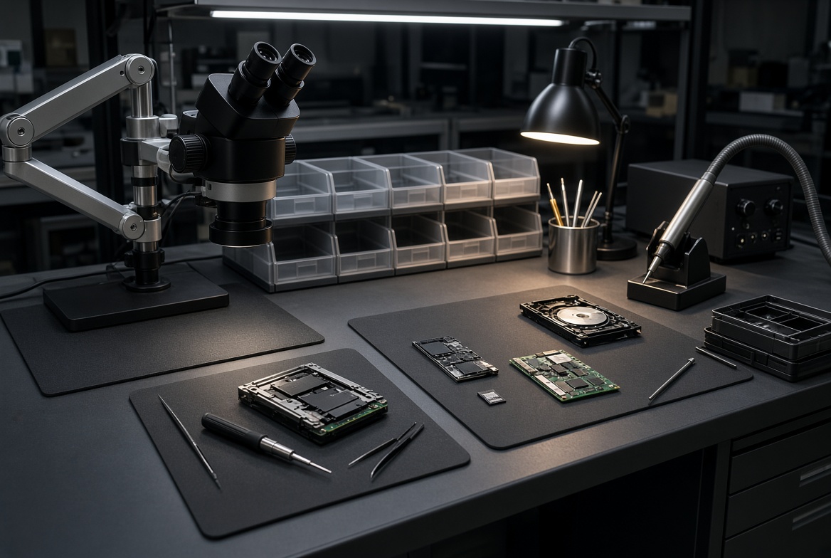 The eProvided data recovery lab workbench during a USB flash drive chip-off extraction and recovery session