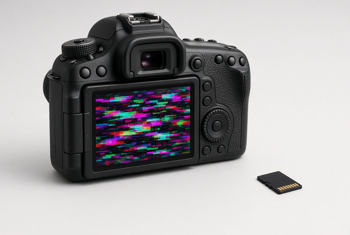 DSLR camera showing corrupted, glitched video playback on its screen next to an SD card