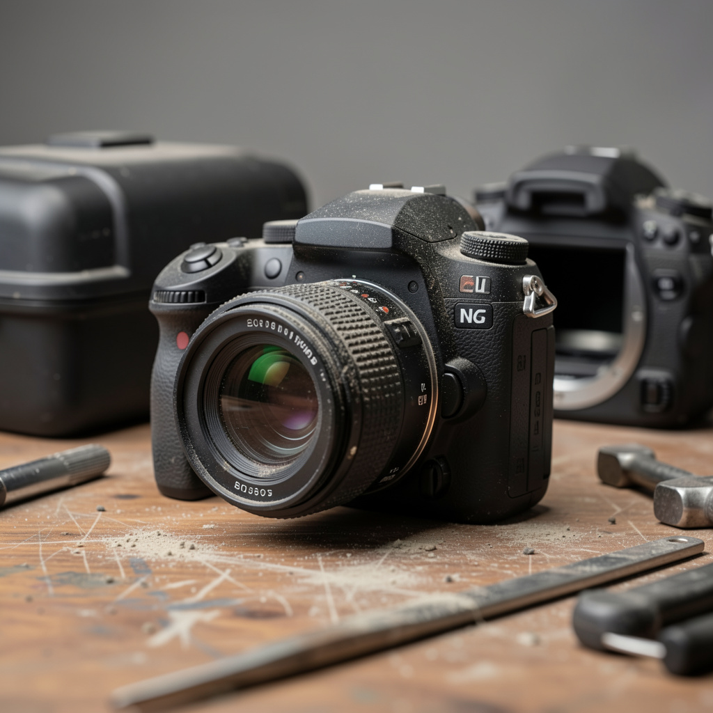 DSLR camera left outside its protective case, dust and grit on the body and lens
