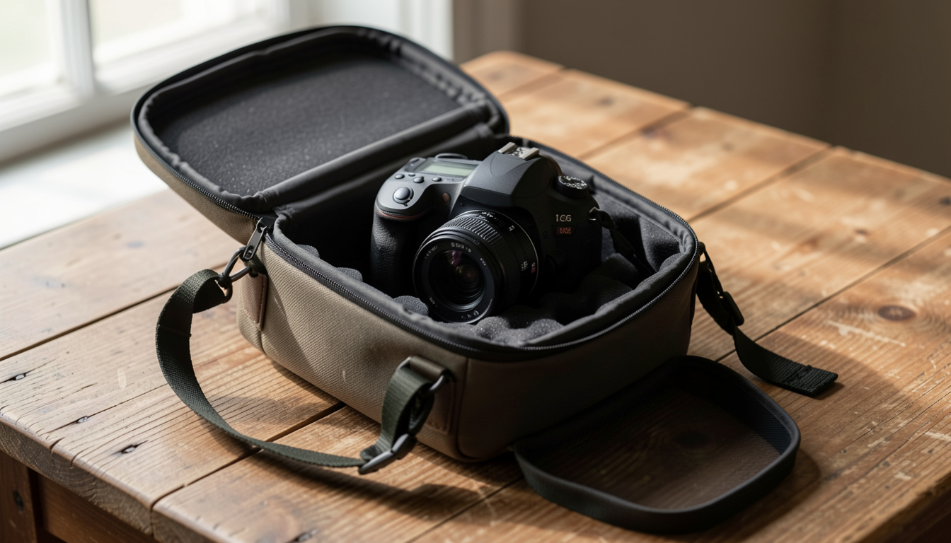DSLR camera packed securely into a padded camera bag