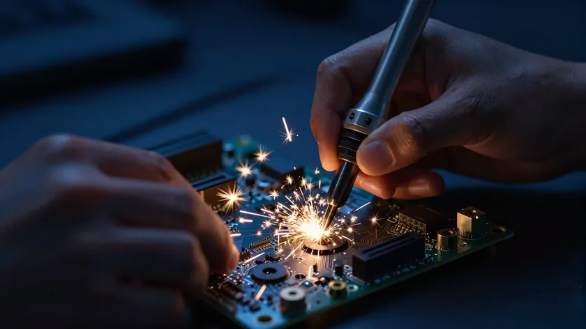 Micro-soldering on a storage device circuit board at a data recovery bench, sparks rising from the repair work