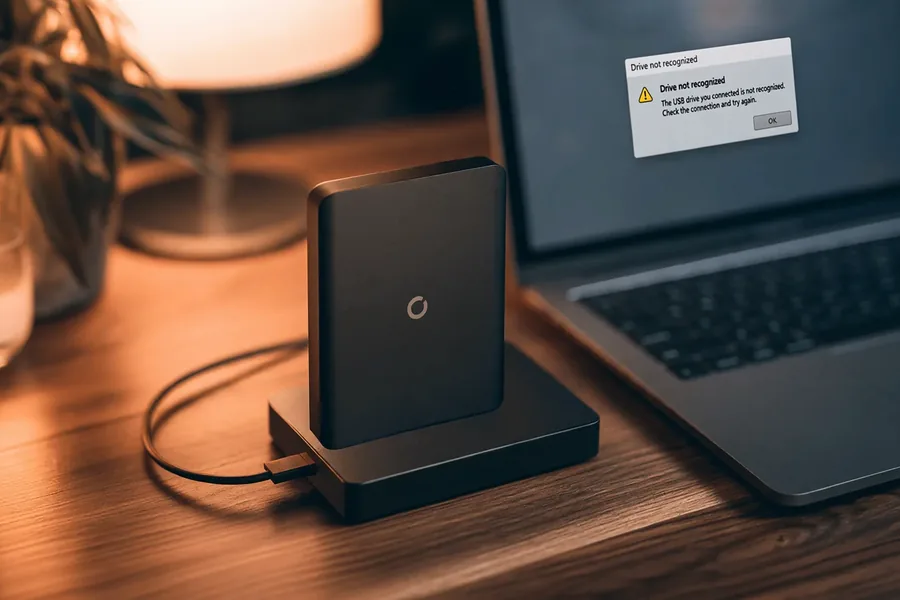An external hard drive on a desk next to a laptop showing a Drive not recognized message