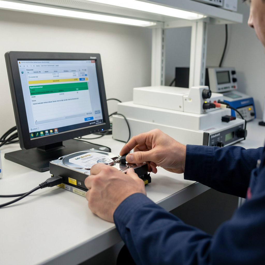 Data recovery specialist repairing a circuit board under a soldering iron in a lab