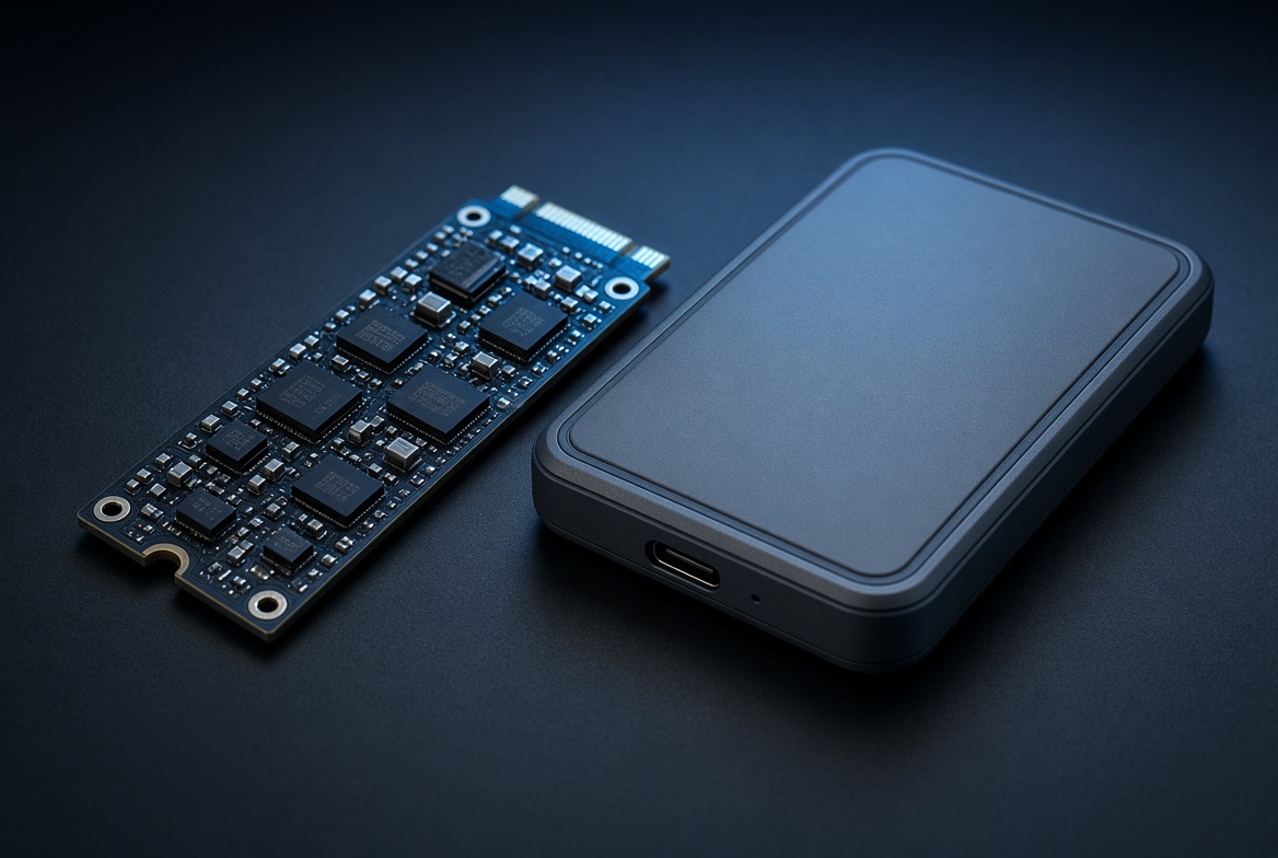 NVMe M.2 SSD circuit board next to an external portable SSD enclosure