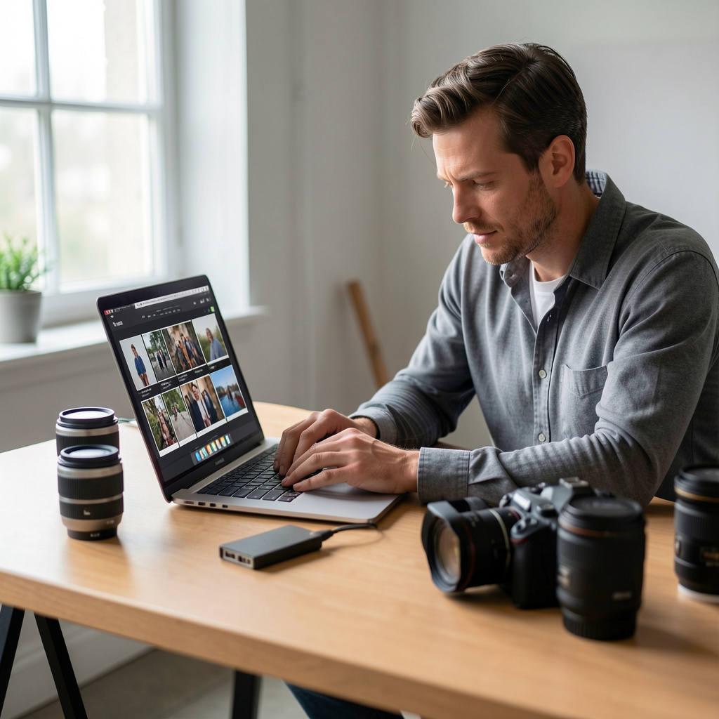 Professional photographer backing up photos from a camera to a laptop and external drive