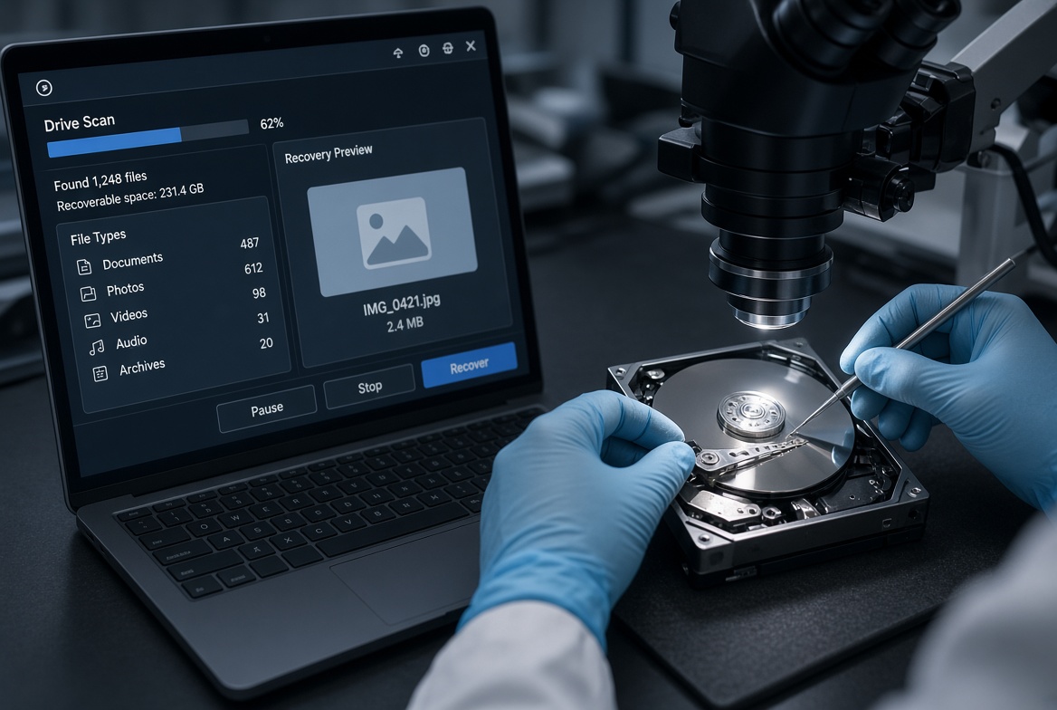 Split view of data recovery software scan results next to a lab technician opening a hard drive under a microscope