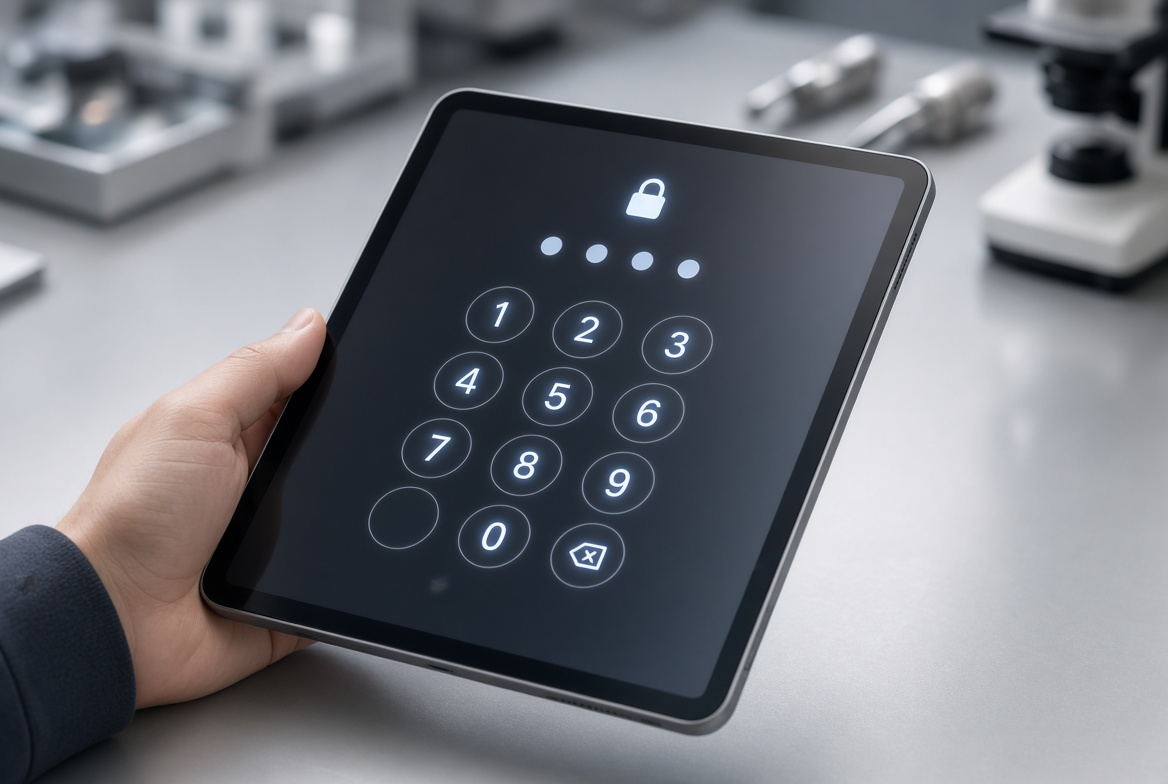 Hand holding a locked iPad-style tablet showing its numeric passcode lock screen