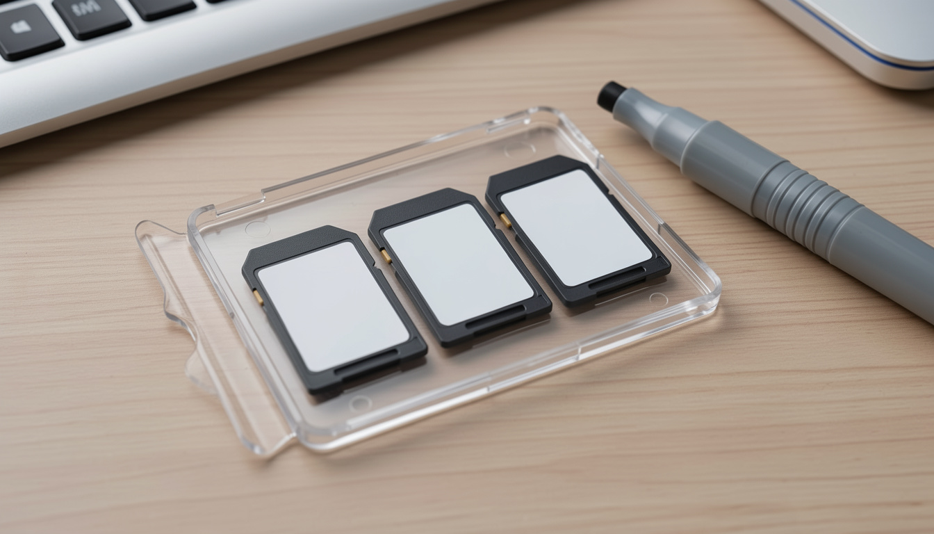 SD memory cards organized and labeled in a plastic storage case