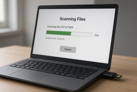 Laptop screen showing a file recovery scan in progress with a memory card reader plugged in