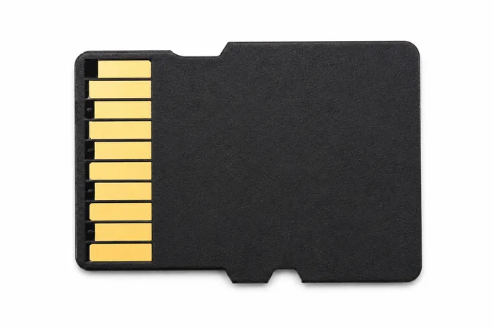 Close-up of a microSD card's gold contact pads