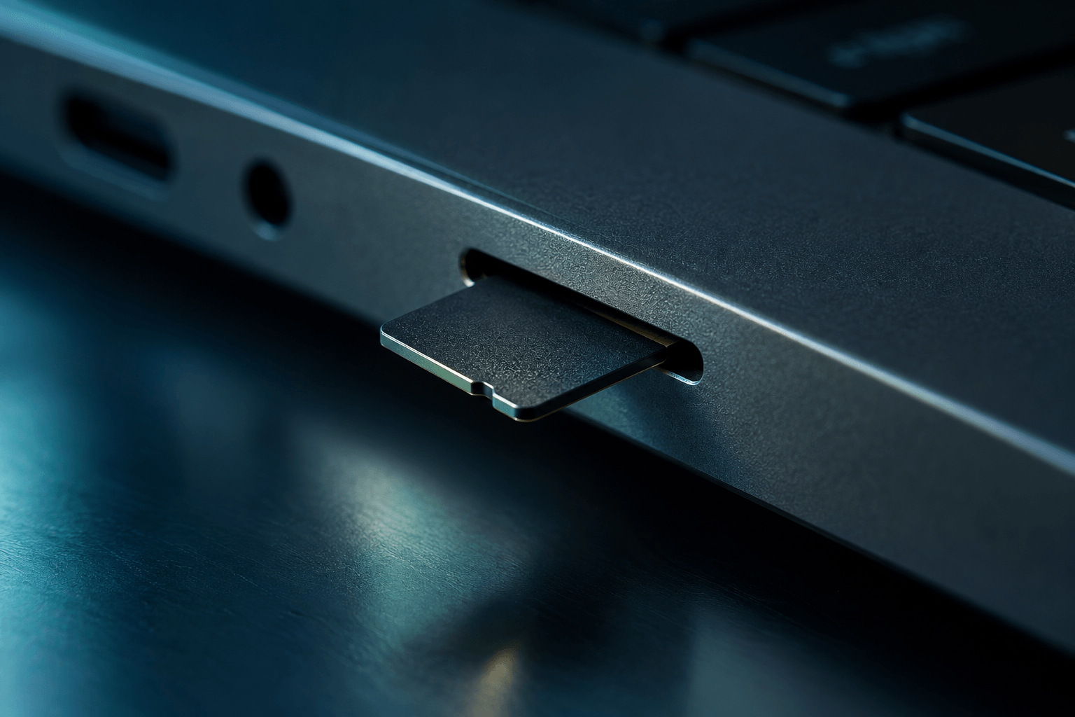MicroSD memory card inserted in a laptop built-in card reader slot