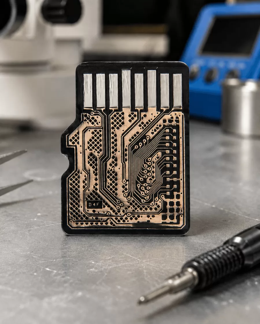 Memory card circuit board on a lab workbench beside a microscope and soldering equipment used for chip-off recovery
