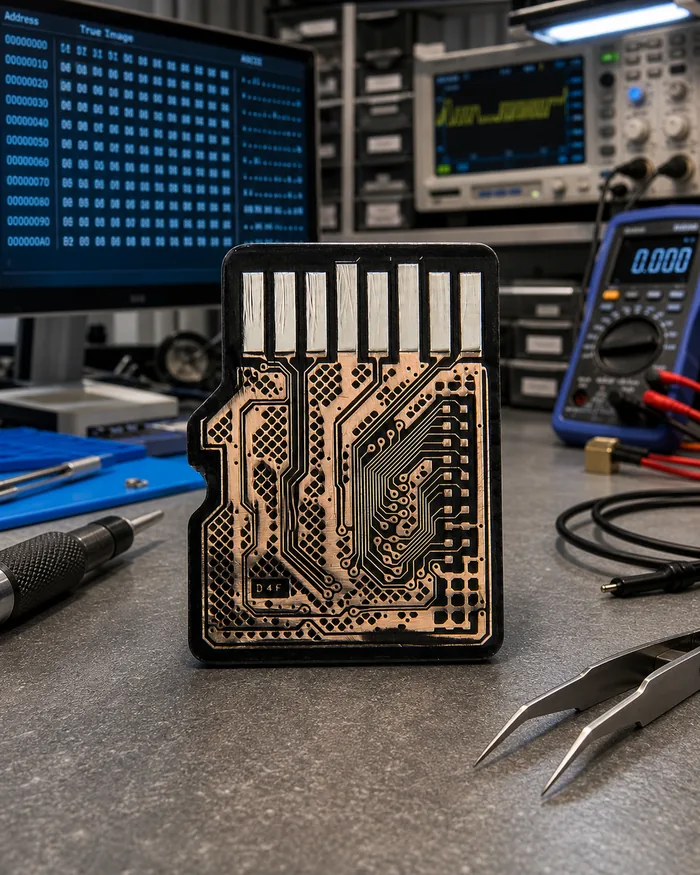 Illustration of a microSD card's exposed circuit board on a lab workbench with a hex-dump monitor in the background, representing the chip-off recovery process